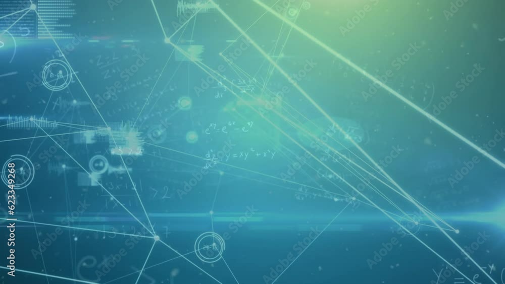 Animation of connected dots, graph icons, changing numbers in circles over mathematical equations Animation of connected dots, graph icons, changing numbers in circles over mathematical equations