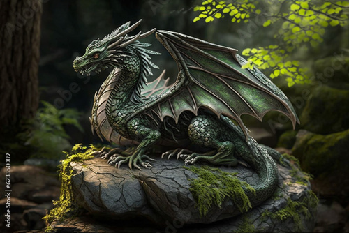 Forest dragon with wings sitting on stone in green woods generative ai
