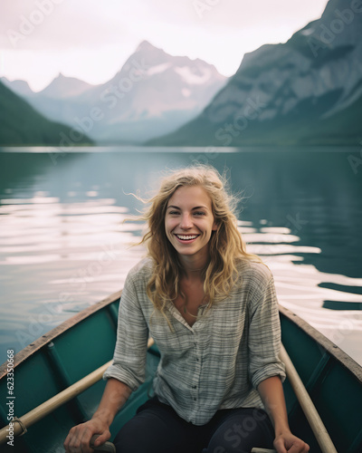 A portrait of a smiling girl in a boat, mountain lake © EG