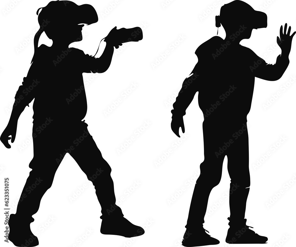 silhouette of kid poses wearing virtual reality headset glasses playing VR games