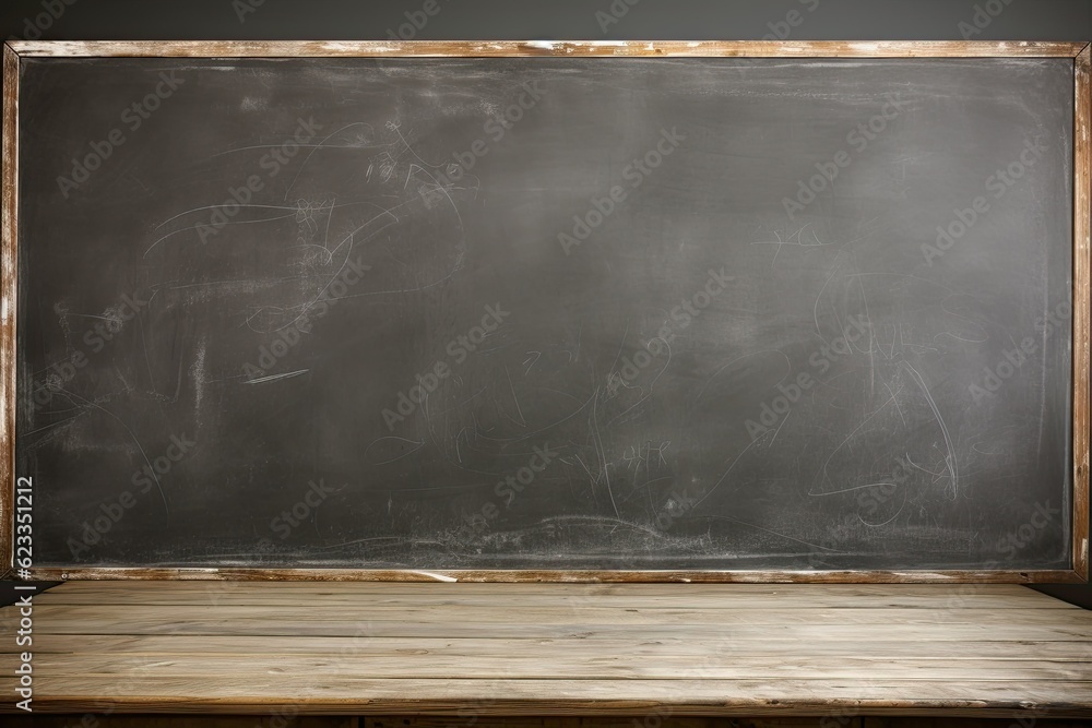 Empty wooden table and gray school board in the background. Empty wooden table and gray school board in the background.