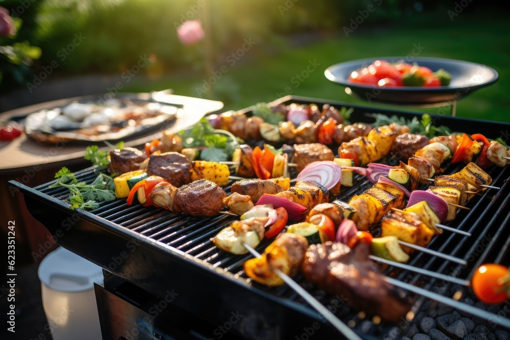 Meat and vegetable canapes on a barbecue grill with the backyard of a house in the background.