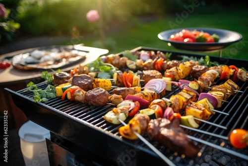 Meat and vegetable canapes on a barbecue grill with the backyard of a house in the background.