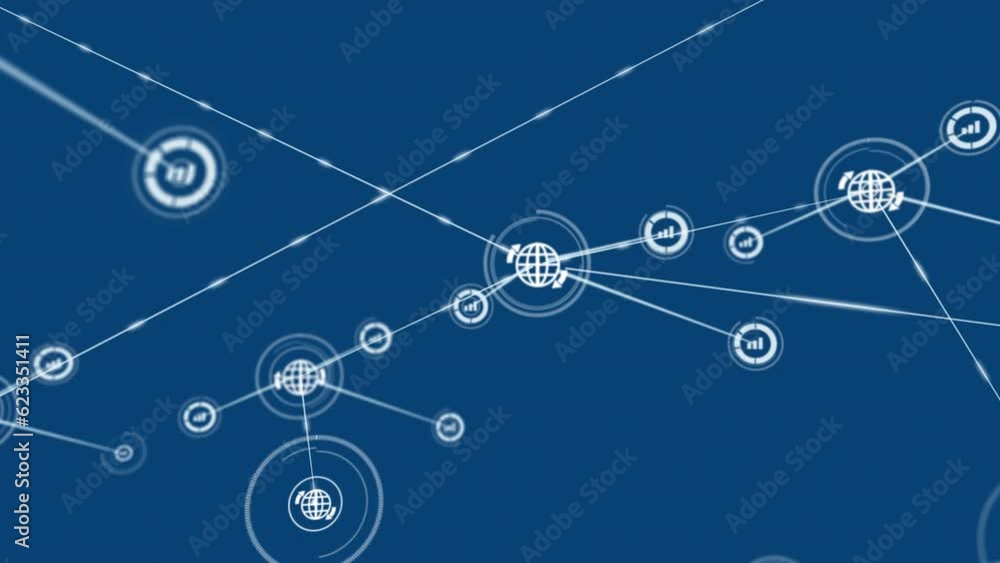 Animation of globe and graph icons connected with lines over multicolored lens flares Animation of globe and graph icons connected with lines over multicolored lens flares