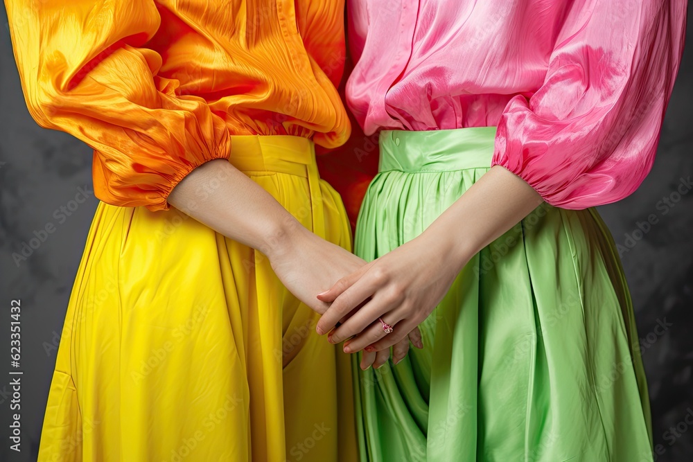 Two girls in bright multi-colored blouses and skirts hold hands.