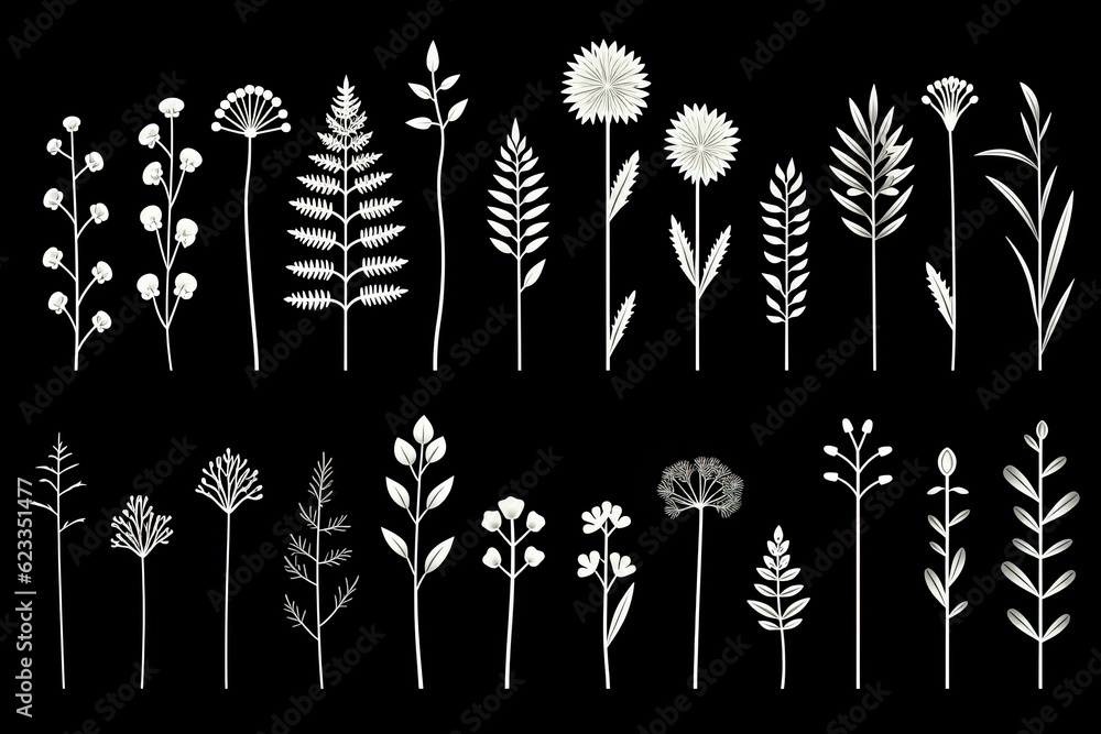 A simple layout of flora on a black background. A simple layout of flora on a black background.