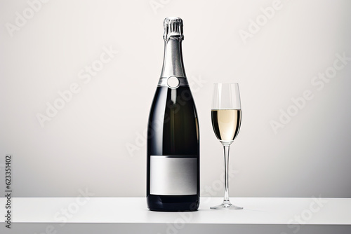 A bottle of champagne or sparkling wine with a silver label with a glass of champagne on a light background.