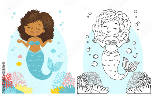Black and white vector coloring for children. Illustration of beautiful girl mermaid african american ethnicity