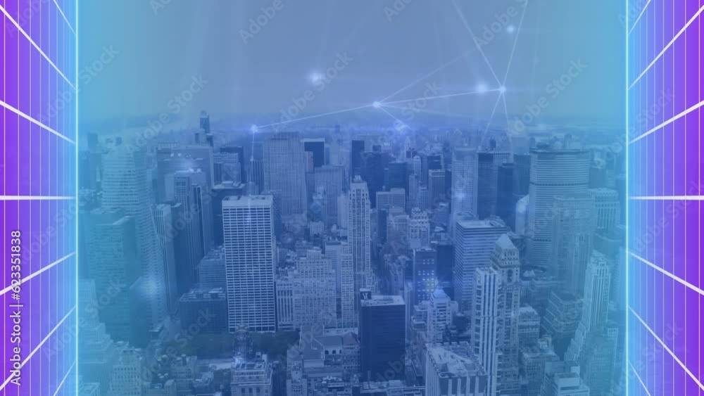 Animation of illuminated grid pattern and connected dots over aerial view of cityscape against sky Animation of illuminated grid pattern and connected dots over aerial view of cityscape against sky