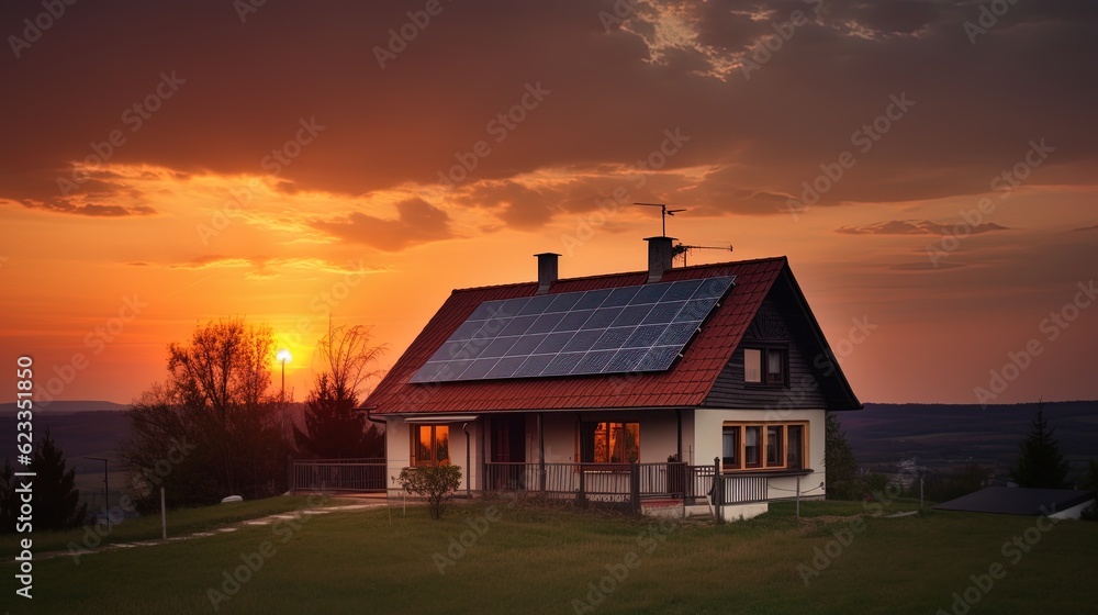 Family house with solar panels and sunrise solar energy system Sunset. Family house with solar panels and sunrise solar energy system Sunset.