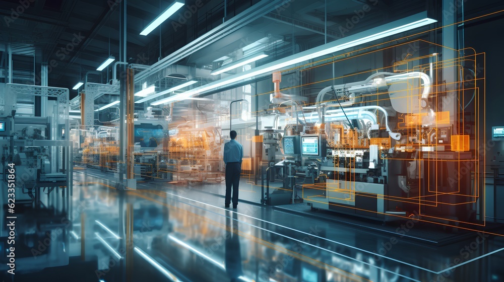 A smart factory presents a seamless integration of connected machines and workers. Increased efficiency, real-time communication, and data-driven decision-making. Advent of Industry 4.0. Generative AI