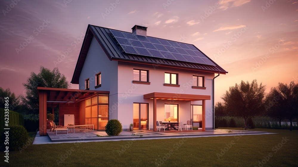 Family house with solar panels and sunrise solar energy system Sunset. Family house with solar panels and sunrise solar energy system Sunset.