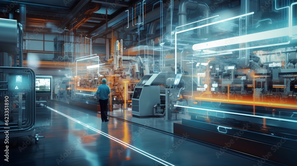 Fototapeta premium A smart factory presents a seamless integration of connected machines and workers. Increased efficiency, real-time communication, and data-driven decision-making. Advent of Industry 4.0. Generative AI