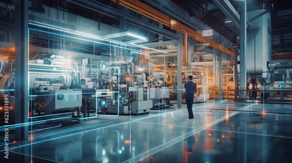 A smart factory presents a seamless integration of connected machines and workers. Increased efficiency, real-time communication, and data-driven decision-making. Advent of Industry 4.0. Generative AI - obrazy, fototapety, plakaty 