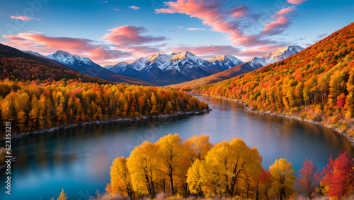 Autumn Trees on a Mountain River. Generative AI