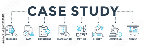 Case study banner web icon vector illustration concept with icon of research, data, conditions, examination, method, in-depth, analyzing, and result