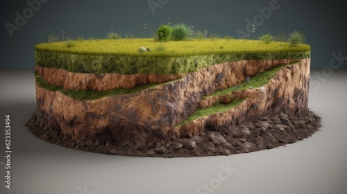 Earth land Soil layers 3D Illustration round soil ground cross section float landscape fantasy floating island.