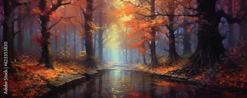Dramatic autumn tree path, leaves falling and rainy Generative AI © LayerAce.com