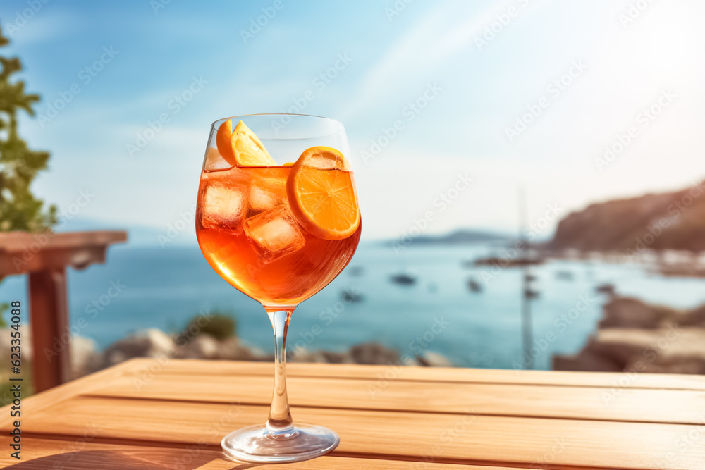 Refreshing seaside cocktail aperol spritz, cold drink or beverage with ice on wood table in front of blue sky on summer sea.
