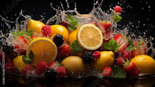 fruits with water on black background