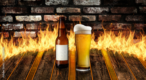 Beer bottle and glass on wood floor with inlay with vintage brick background