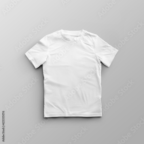 Template of children's white t-shirt with a round neck, label, place for design, print, front view. photo
