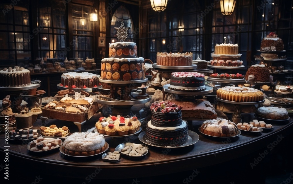 A Delightful Display of Cakes and Pastries. Generative AI