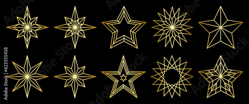Set of golden Christmas stars icons. Vector illustration isolated on white background