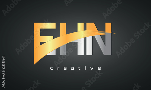 EHN Letters Logo Design with Creative Intersected and Cutted golden color