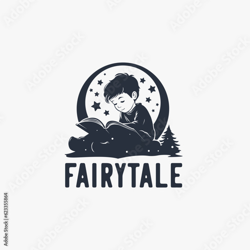 Monochrome Child Reading In The Moon and star light logo design template vector icon illustration