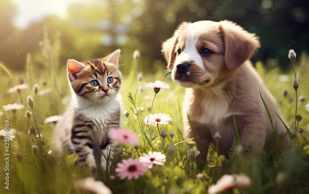 Adorable Pets Frolicking in a Field. Generative AI