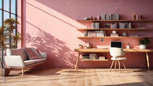study room interior design with computers, bookcase chairs and tables and armchairs, minimalist style, modern home photo