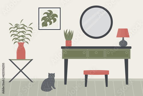 Interior design of a room with furniture. Table, boudoir, chair, mirror, table lamp, potted plants. A place of rest. Vector illustration in the flat style.