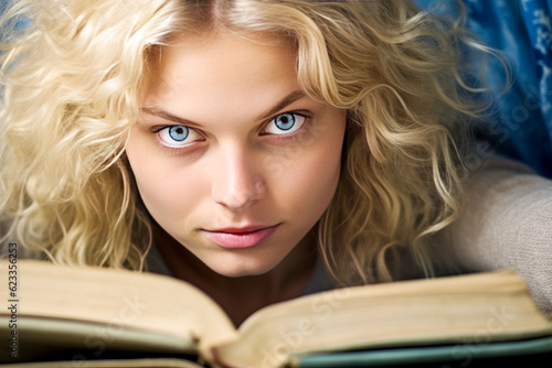 Captivating blonde woman playfully peering over book, blue eyes sparking curiosity and knowledge against a soft library-inspired background. Generative AI photo