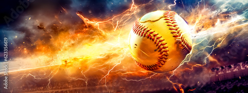 magic leather baseball ball in a colorful explosion of fire energy and movement, sports performance, banner with copy space made with Generative AI © edojob