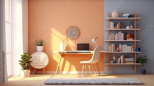 study room interior design with computers, bookcase chairs and tables and armchairs, minimalist style, modern home photo