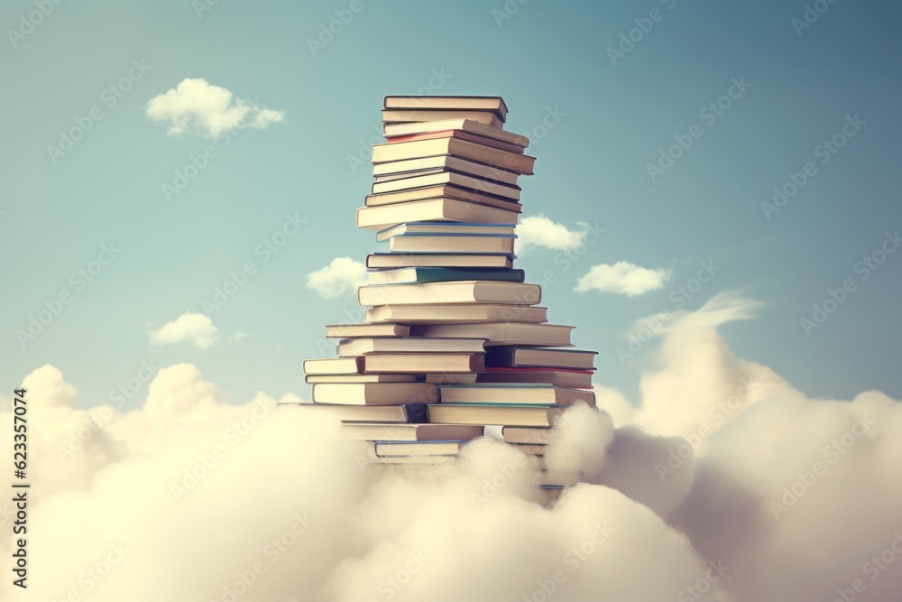 Magical Book Stack Floating in the Air with Dreamy Blue Clouds ...