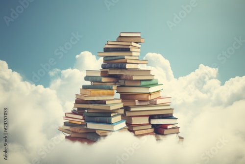 Magical Book Stack Floating in the Air with Dreamy Blue Clouds  Generative AI