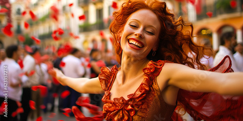 Vibrant redhead woman joyfully immersed in cultural Flamenco dance on Seville's festive streets, Spain. Scenic outdoor capture with a colorful backdrop. Generative AI