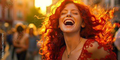 Vibrant red-haired woman joyfully dancing amidst flamenco performers on Seville's streets, embodying cultural delight, with a lively festive backdrop. Generative AI