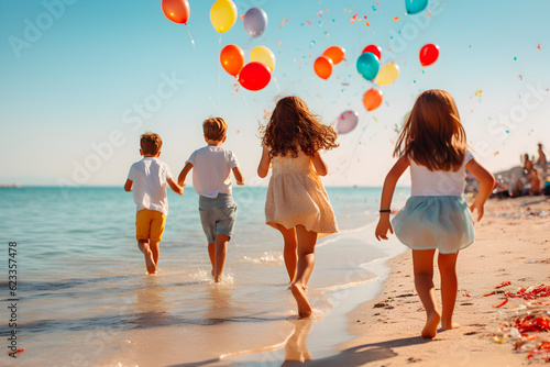 Niños corriendo por la arena de la playa con globos de colores. Concepto de diversión infancia y libertad. photo