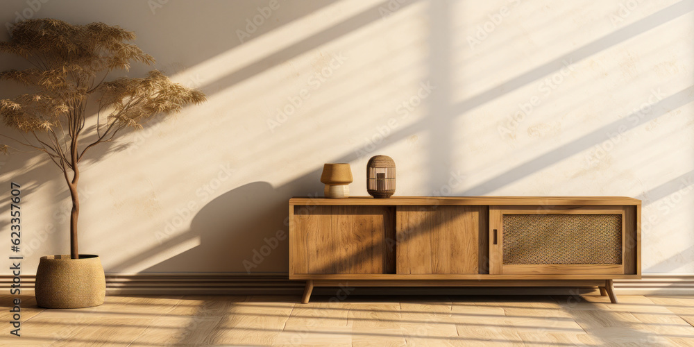 Elegant Wooden Cabinet with Rattan Door against Beige Wallpaper, Natural Lighting & Shadow of Shoji Window, Tree Foliage Background for Beauty Product Photography Elegant Wooden Cabinet with Rattan Door against Beige Wallpaper, Natural Lighting & Shadow of Shoji Window, Tree Foliage Background for Beauty Product Photography