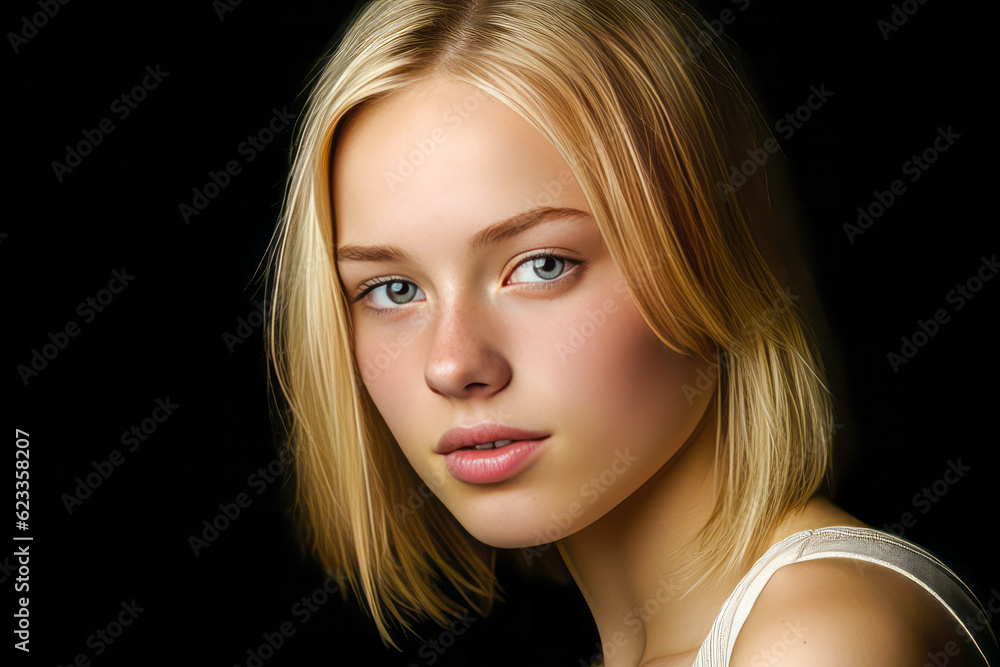 Radiant 18-year-old blonde woman dressed in light, showcasing natural beauty with soft skin and blue eyes. A shy smile adds charm against a stark black background. Generative AI Radiant 18-year-old blonde woman dressed in light, showcasing natural beauty with soft skin and blue eyes. A shy smile adds charm against a stark black background. Generative AI