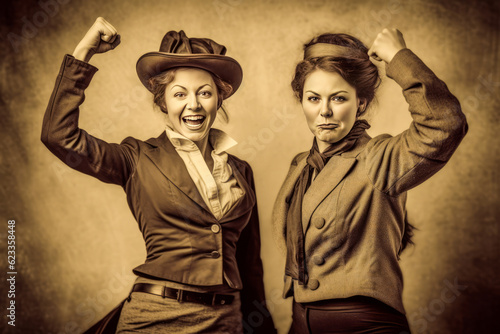 Provocative sepia-toned portrayal of two women as iconic male historical figures, advocating for gender equality with defiant stances and wry smiles. Generative AI