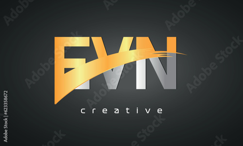 EVN Letters Logo Design with Creative Intersected and Cutted golden color photo