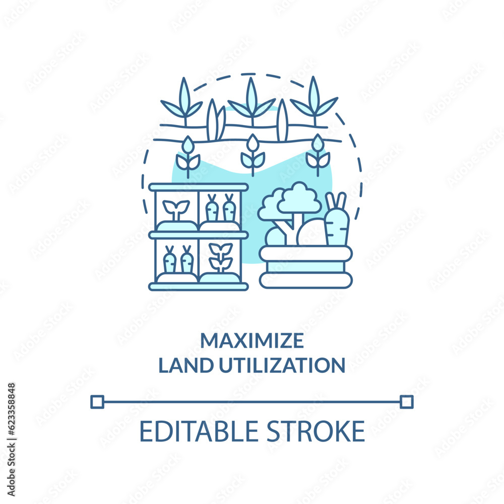 2D editable maximize land utilization icon representing vertical farming and hydroponics concept, isolated vector, thin line illustration.