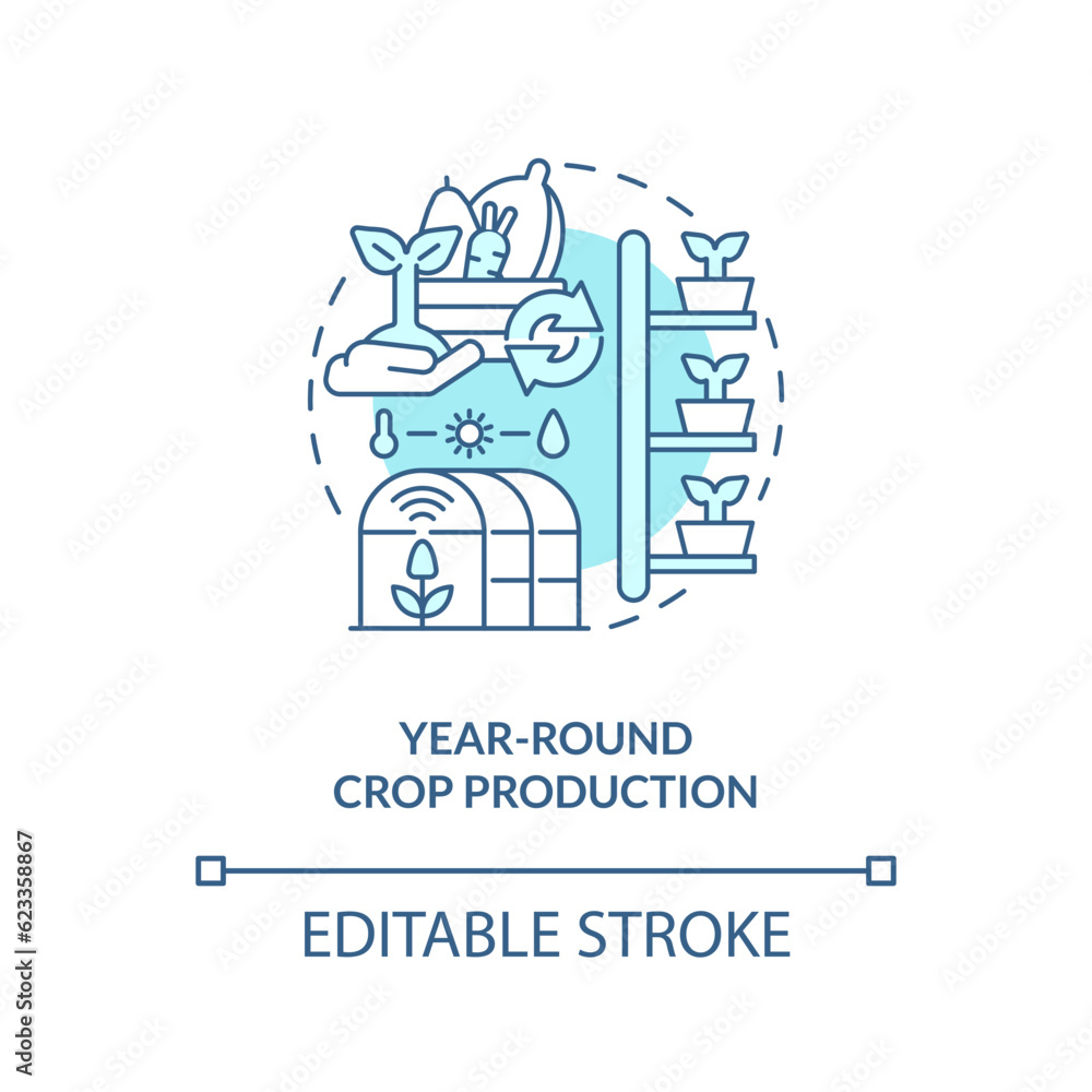 2D editable year-round crop production icon representing vertical farming and hydroponics concept, isolated vector, thin line illustration.