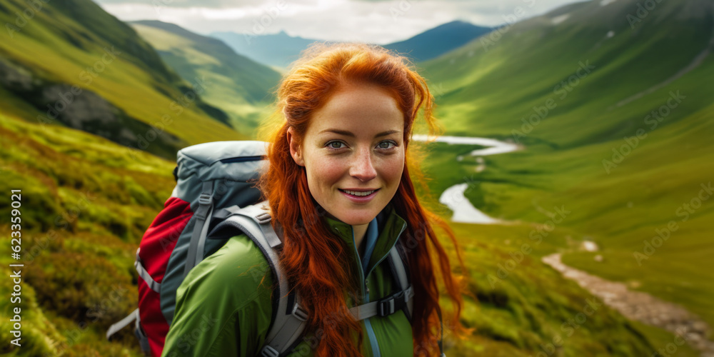 Vivid, captivating image of a red-haired adventurer in the lush Scottish Highlands. Embodies exhiliration of outdoor exploration on nature backdrop. Generative AI