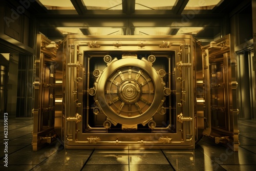 Golden Currency Vault Entrance with Deposit Box and Secure Door in a Luxurious Gold Frame, Copy Space, Generative AI