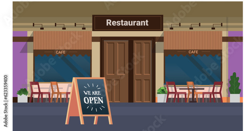 Street cafe. Cafe shop in old french style. Vintage wooden facade of a cafe with a canopy, wooden tables and chairs. Vector illustration of traditional popular place to meet, drink and eat.